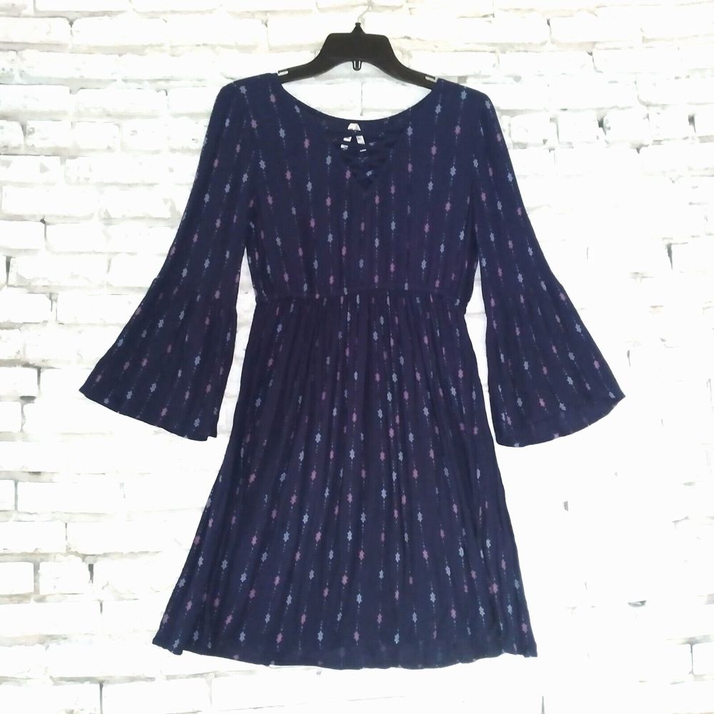 Mudd Dress Womens Small Blue Floral Long Flare Sleeve V Neck Boho Hippie Mini